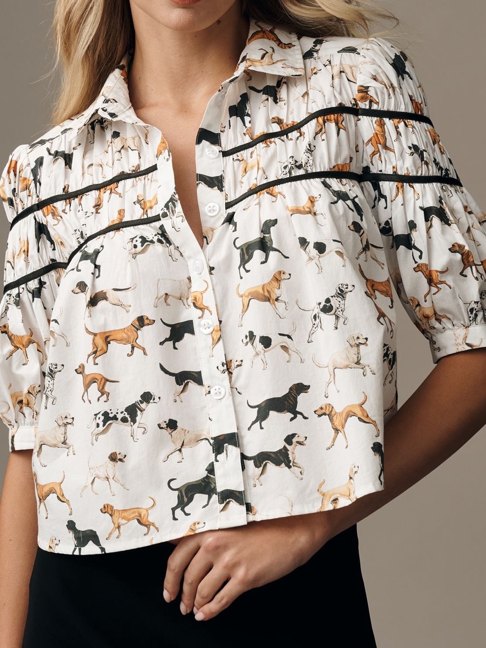 Anthro Blouse Leandra Maeve Cropped Dog Print Cream Black Brown SIZE MEDIUM NEW